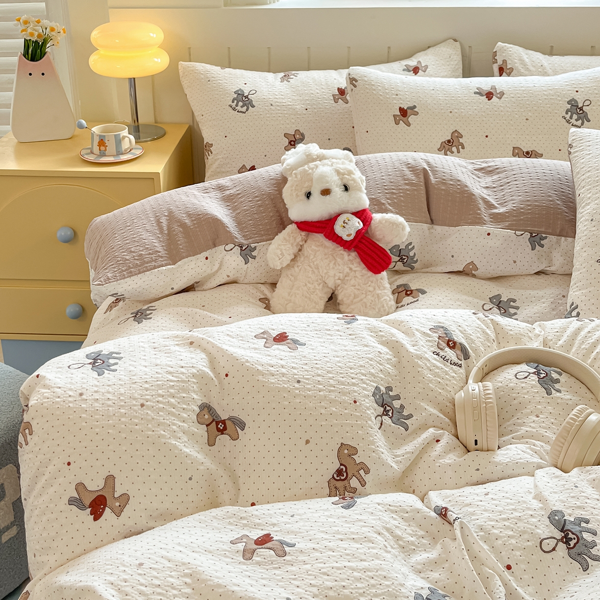 91家纺网 家纺一手货源 找家纺 金梦拉家纺 2026新款A类高品质高克重超柔泡芙纱泡泡纱小清新四件套 马上来福