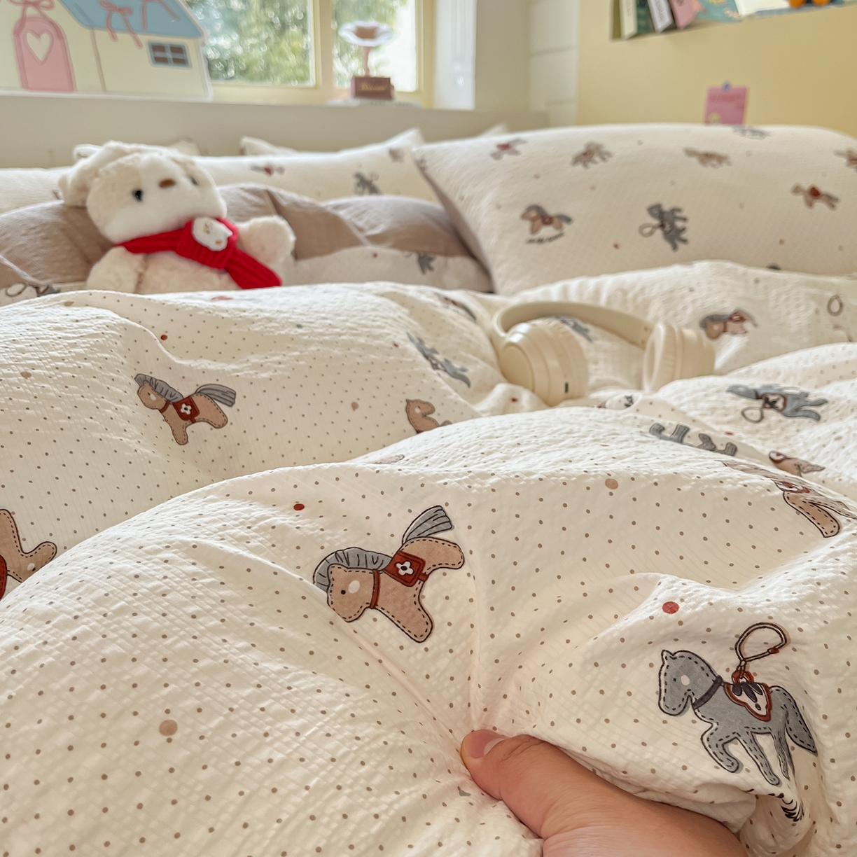 91家纺网 家纺一手货源 找家纺 金梦拉家纺 2026新款A类高品质高克重超柔泡芙纱泡泡纱小清新四件套 马上来福