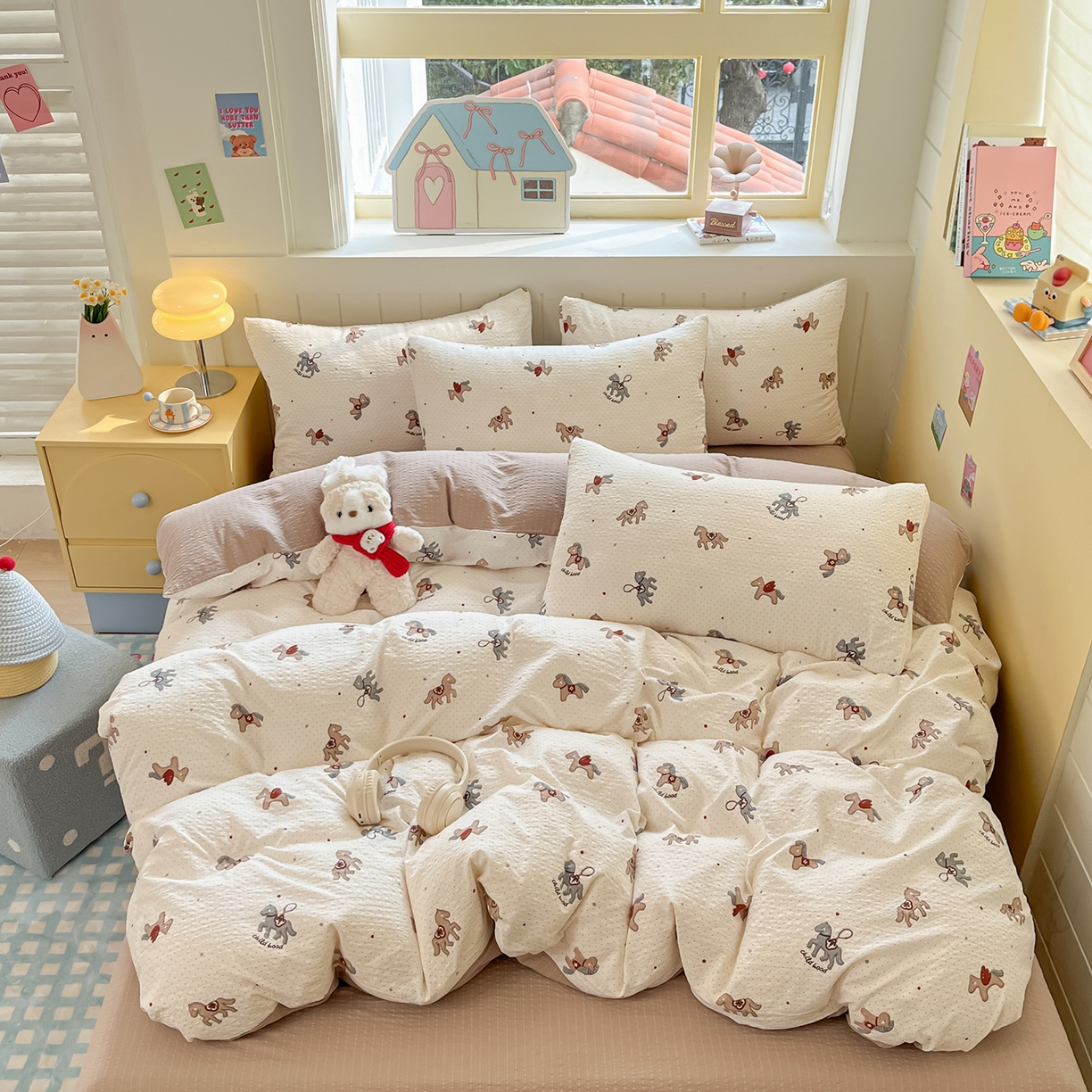 91家纺网 家纺一手货源 找家纺 金梦拉家纺 2026新款A类高品质高克重超柔泡芙纱泡泡纱小清新四件套 马上来福