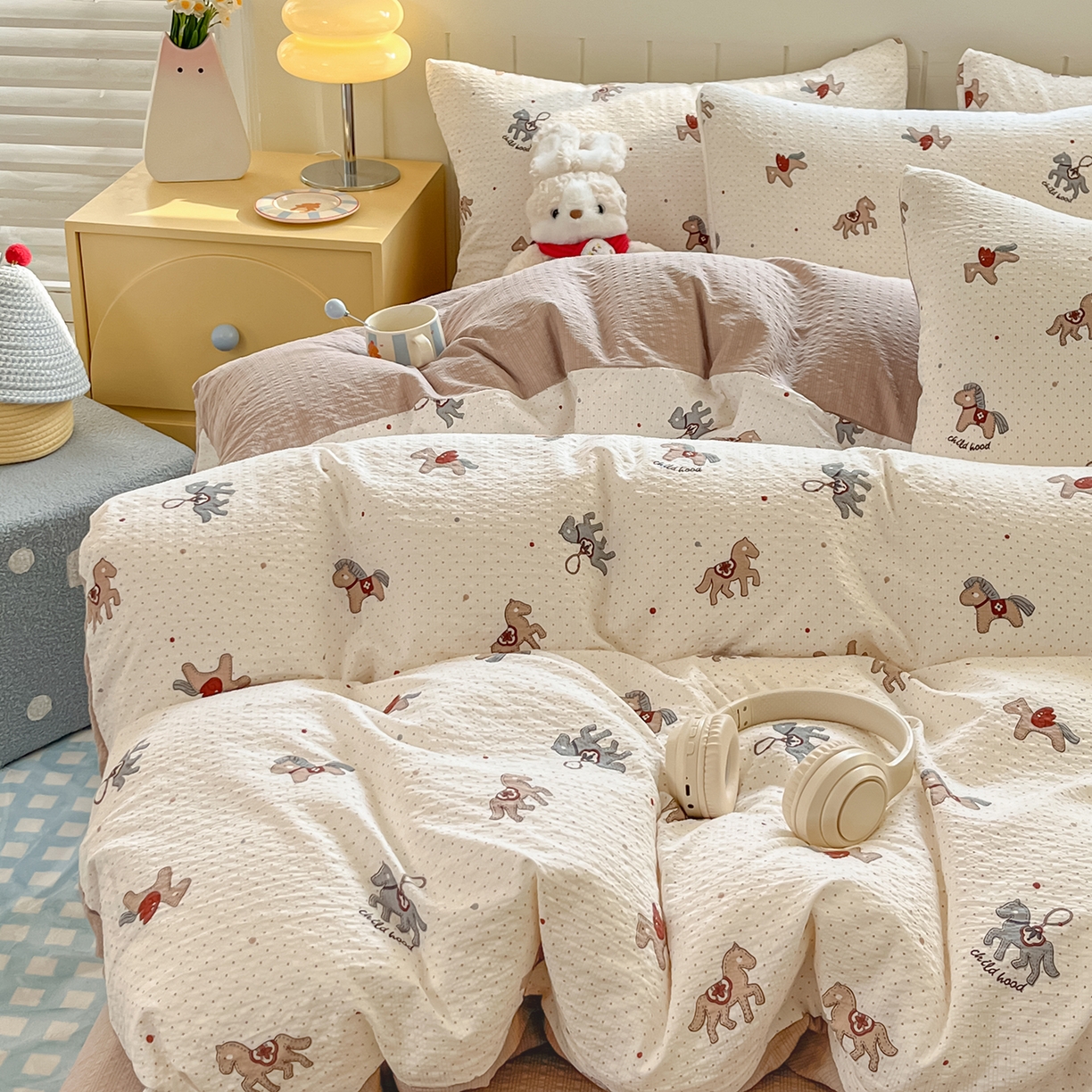 91家纺网 家纺一手货源 找家纺 金梦拉家纺 2026新款A类高品质高克重超柔泡芙纱泡泡纱小清新四件套 马上来福