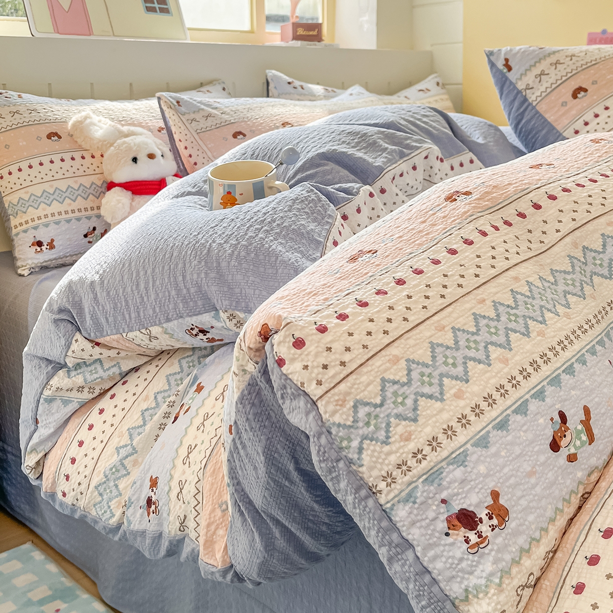 金梦拉家纺 2026新款A类高品质高克重超柔泡芙纱泡泡纱小清新四件套 萌趣小狗