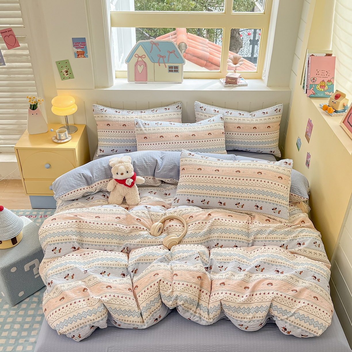 91家纺网 家纺一手货源 找家纺 金梦拉家纺 2026新款A类高品质高克重超柔泡芙纱泡泡纱小清新四件套 萌趣小狗