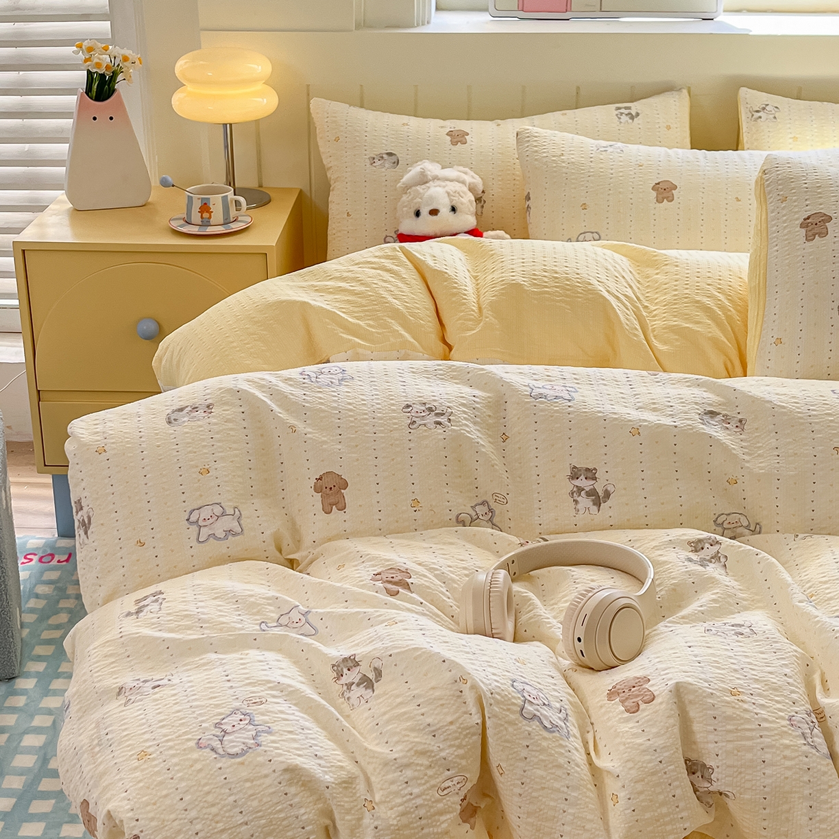 91家纺网 家纺一手货源 找家纺 金梦拉家纺 2026新款A类高品质高克重超柔泡芙纱泡泡纱小清新四件套 柠檬奶油狗