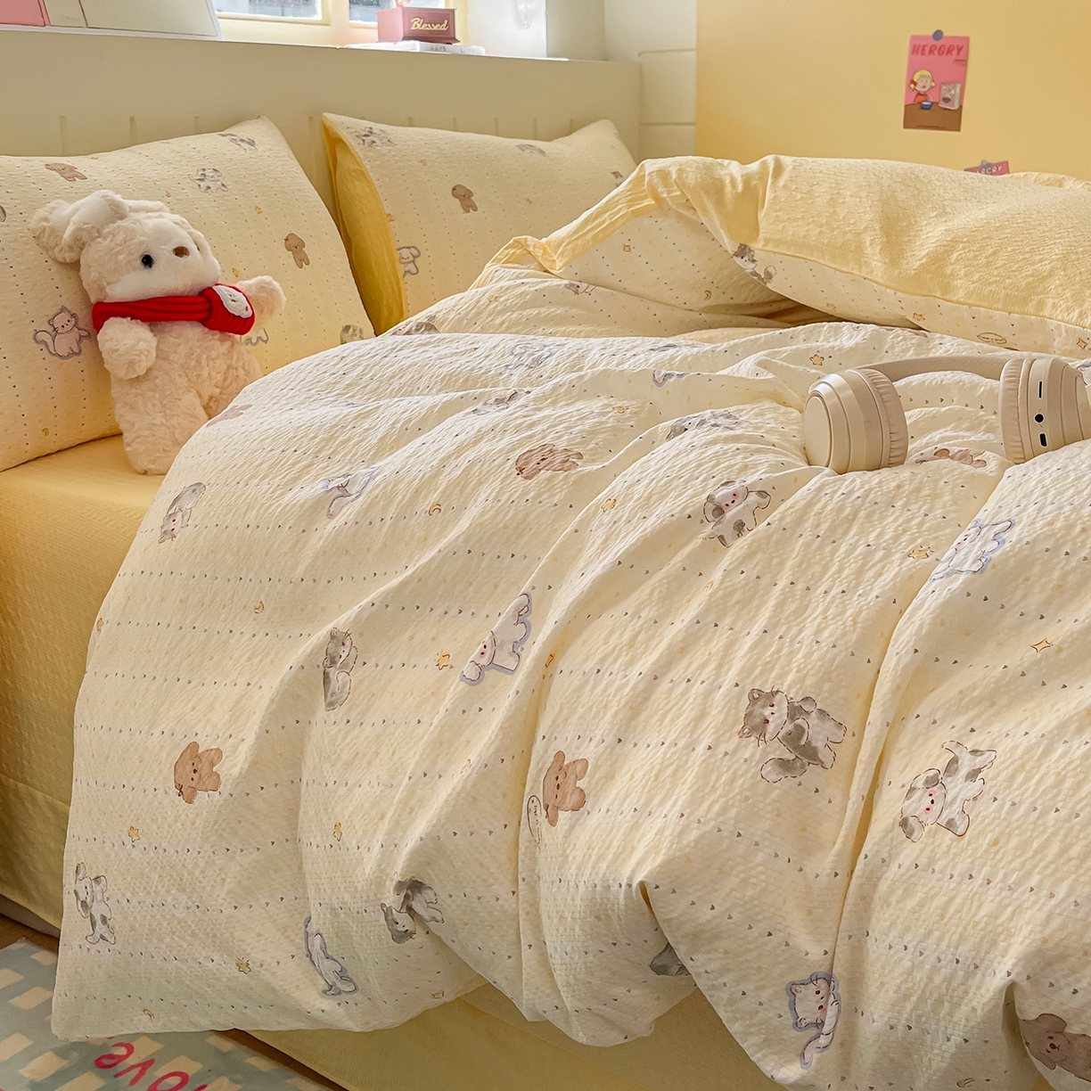 91家纺网 家纺一手货源 找家纺 金梦拉家纺 2026新款A类高品质高克重超柔泡芙纱泡泡纱小清新四件套 柠檬奶油狗