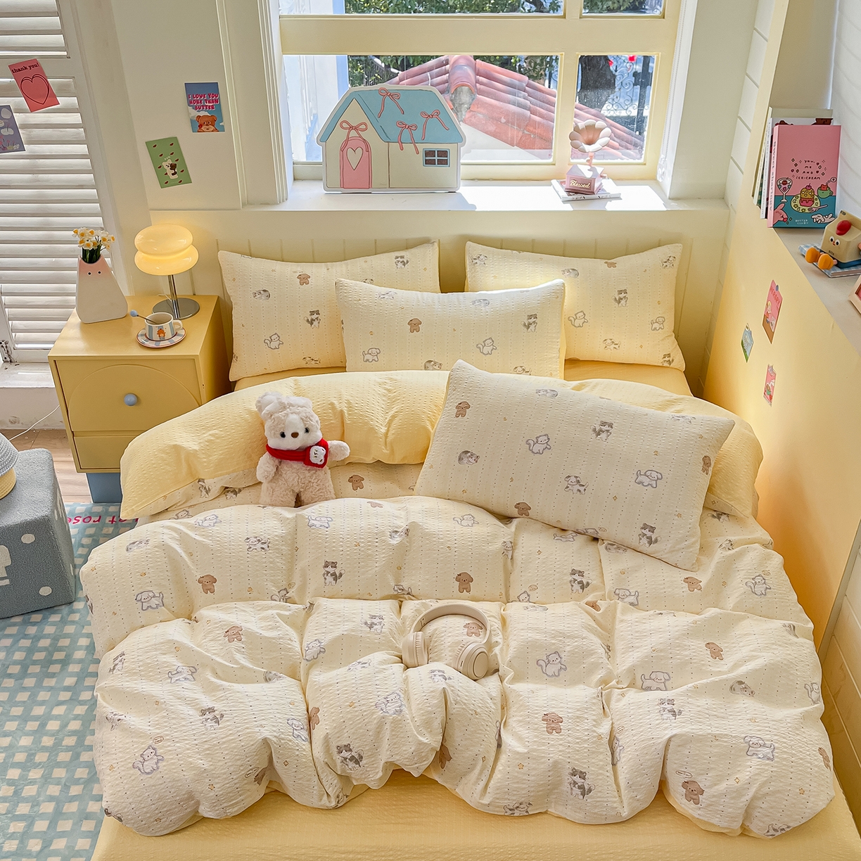 91家纺网 家纺一手货源 找家纺 金梦拉家纺 2026新款A类高品质高克重超柔泡芙纱泡泡纱小清新四件套 柠檬奶油狗