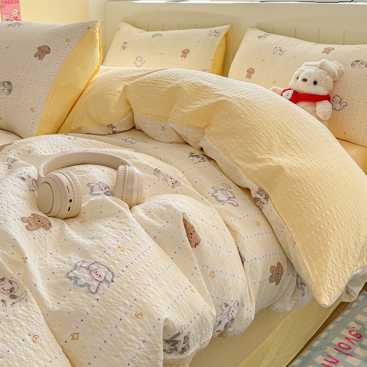 91家纺网 家纺一手货源 找家纺 金梦拉家纺 2026新款A类高品质高克重超柔泡芙纱泡泡纱小清新四件套 柠檬奶油狗