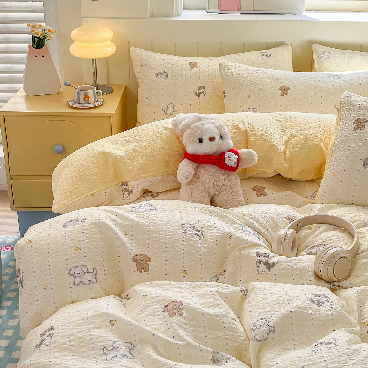 91家纺网 家纺一手货源 找家纺 金梦拉家纺 2026新款A类高品质高克重超柔泡芙纱泡泡纱小清新四件套 柠檬奶油狗