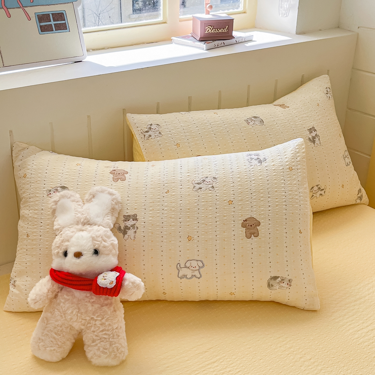 91家纺网 家纺一手货源 找家纺 金梦拉家纺 2026新款A类高品质高克重超柔泡芙纱泡泡纱小清新四件套 柠檬奶油狗