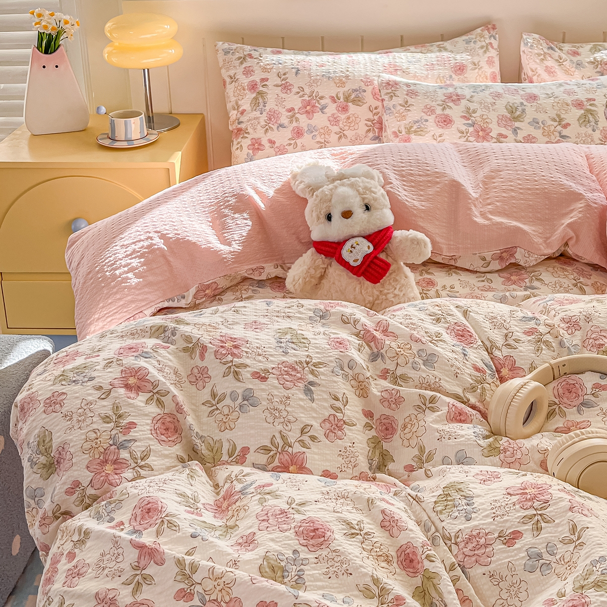 91家纺网 家纺一手货源 找家纺 金梦拉家纺 2026新款A类高品质高克重超柔泡芙纱泡泡纱小清新四件套 柔韵粉樱