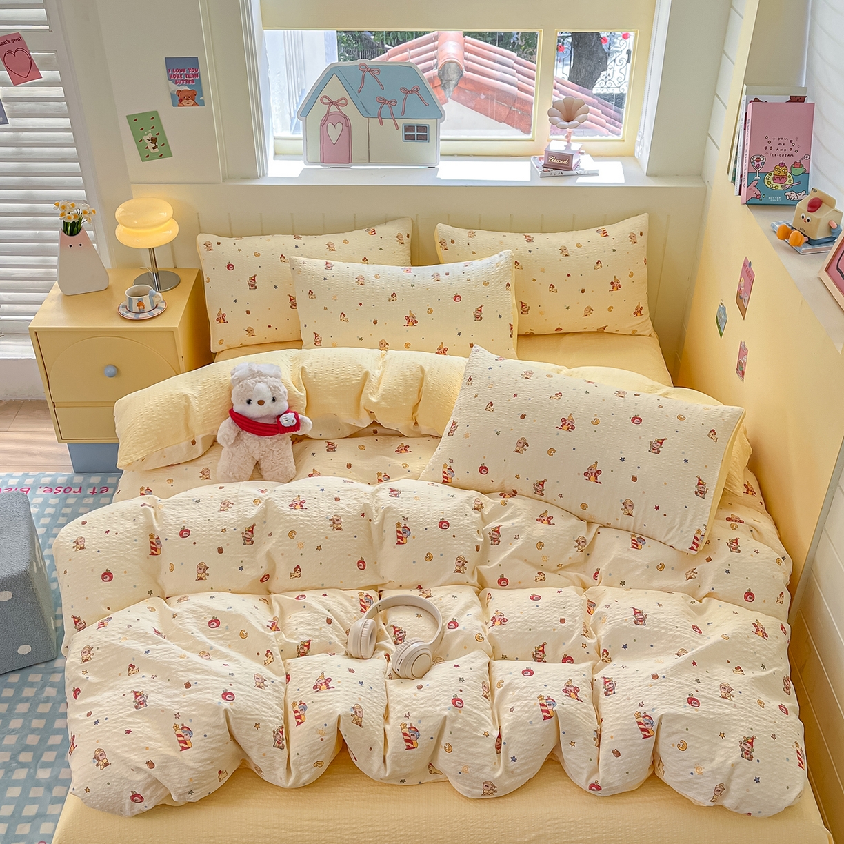 91家纺网 家纺一手货源 找家纺 金梦拉家纺 2026新款A类高品质高克重超柔泡芙纱泡泡纱小清新四件套 顽皮星星