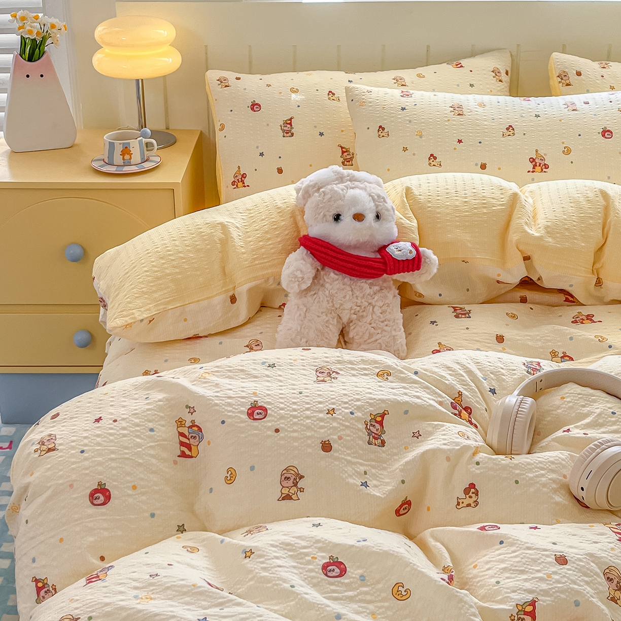 91家纺网 家纺一手货源 找家纺 金梦拉家纺 2026新款A类高品质高克重超柔泡芙纱泡泡纱小清新四件套 顽皮星星