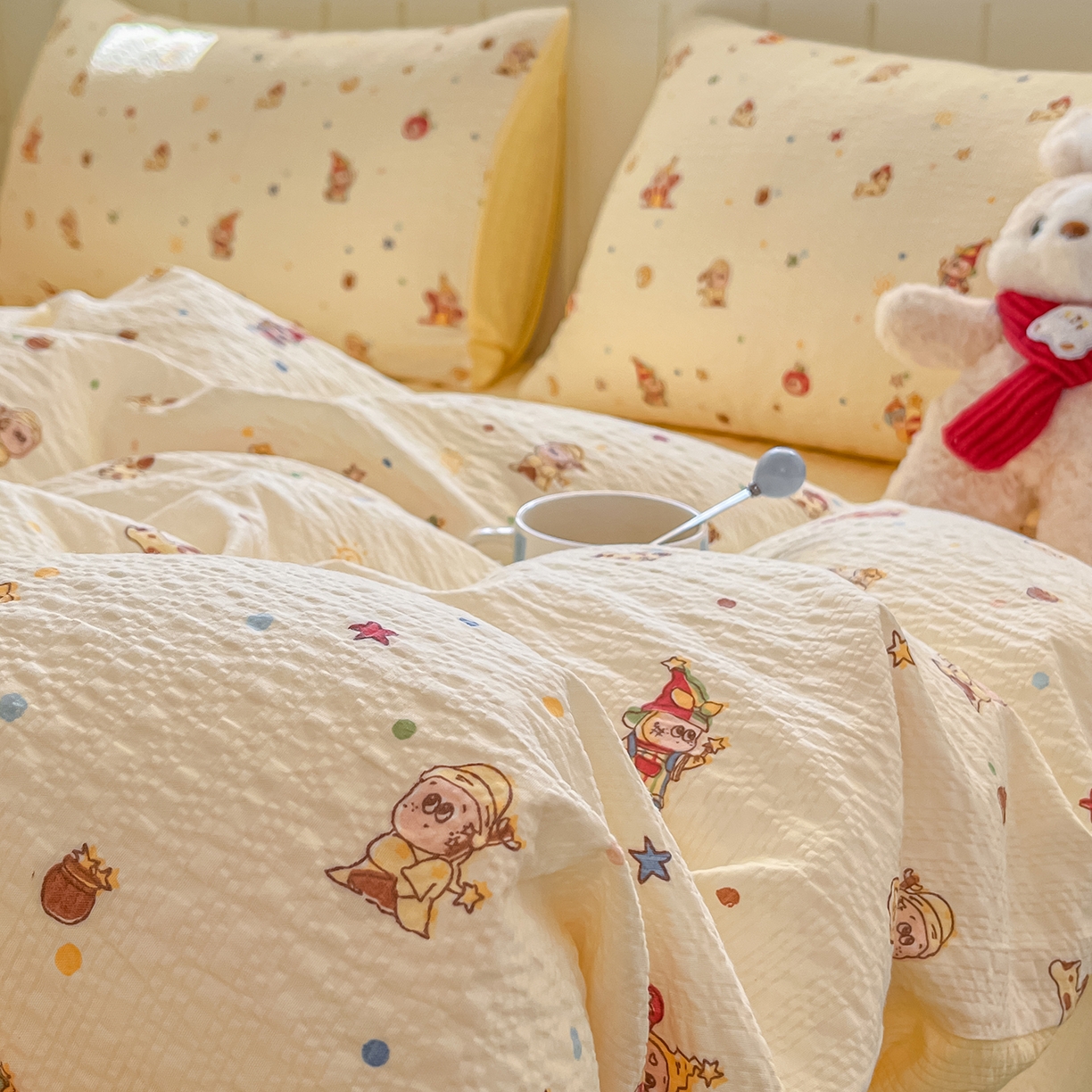 91家纺网 家纺一手货源 找家纺 金梦拉家纺 2026新款A类高品质高克重超柔泡芙纱泡泡纱小清新四件套 顽皮星星