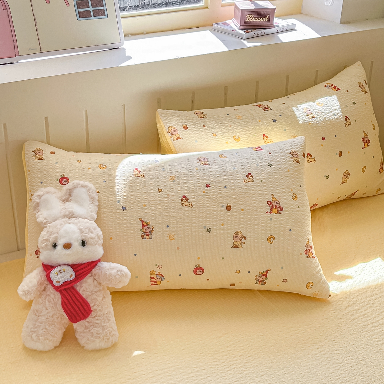 91家纺网 家纺一手货源 找家纺 金梦拉家纺 2026新款A类高品质高克重超柔泡芙纱泡泡纱小清新四件套 顽皮星星