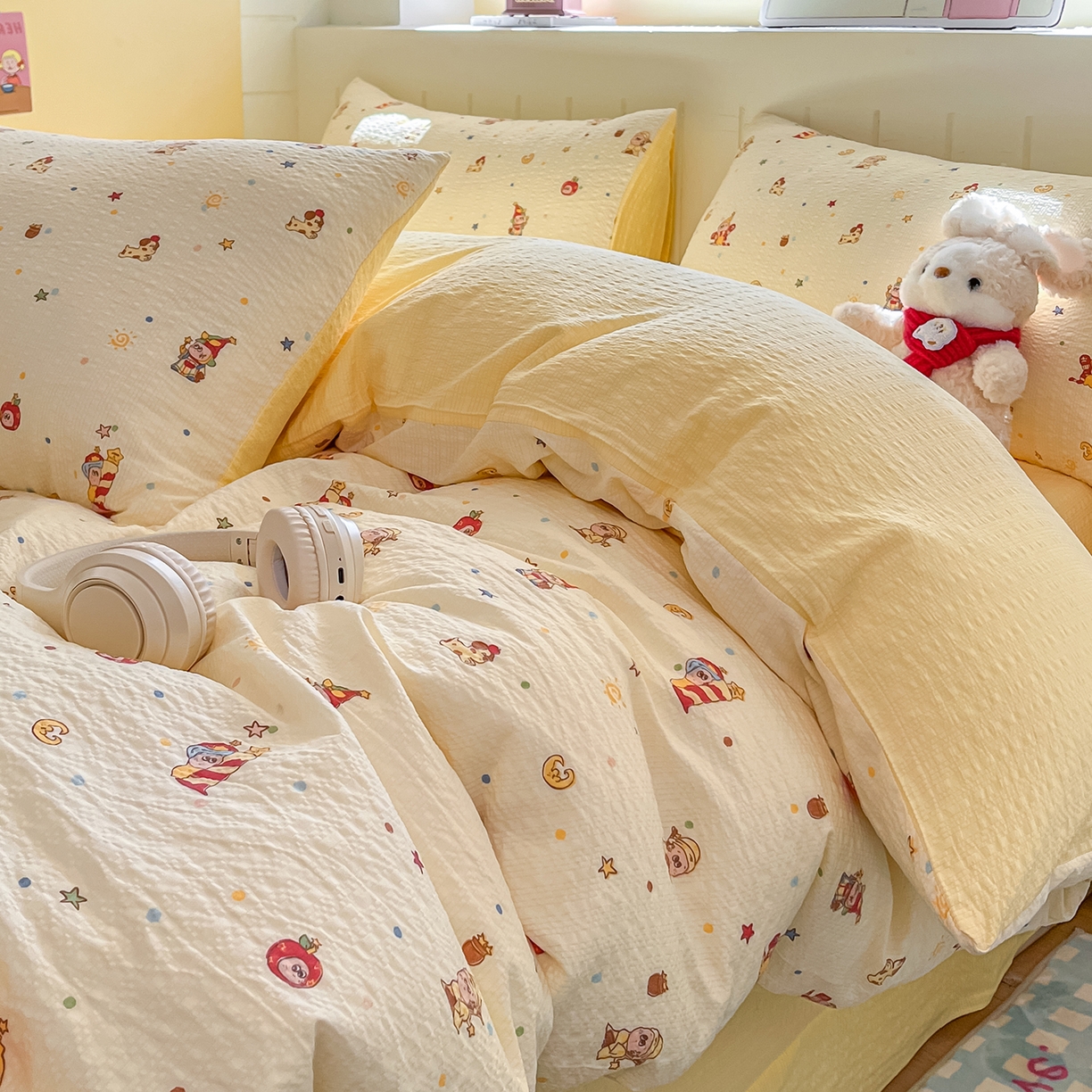 91家纺网 家纺一手货源 找家纺 金梦拉家纺 2026新款A类高品质高克重超柔泡芙纱泡泡纱小清新四件套 顽皮星星