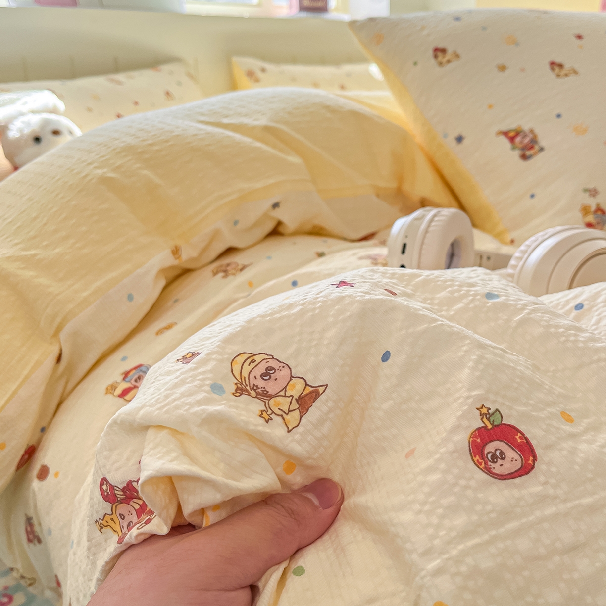 91家纺网 家纺一手货源 找家纺 金梦拉家纺 2026新款A类高品质高克重超柔泡芙纱泡泡纱小清新四件套 顽皮星星