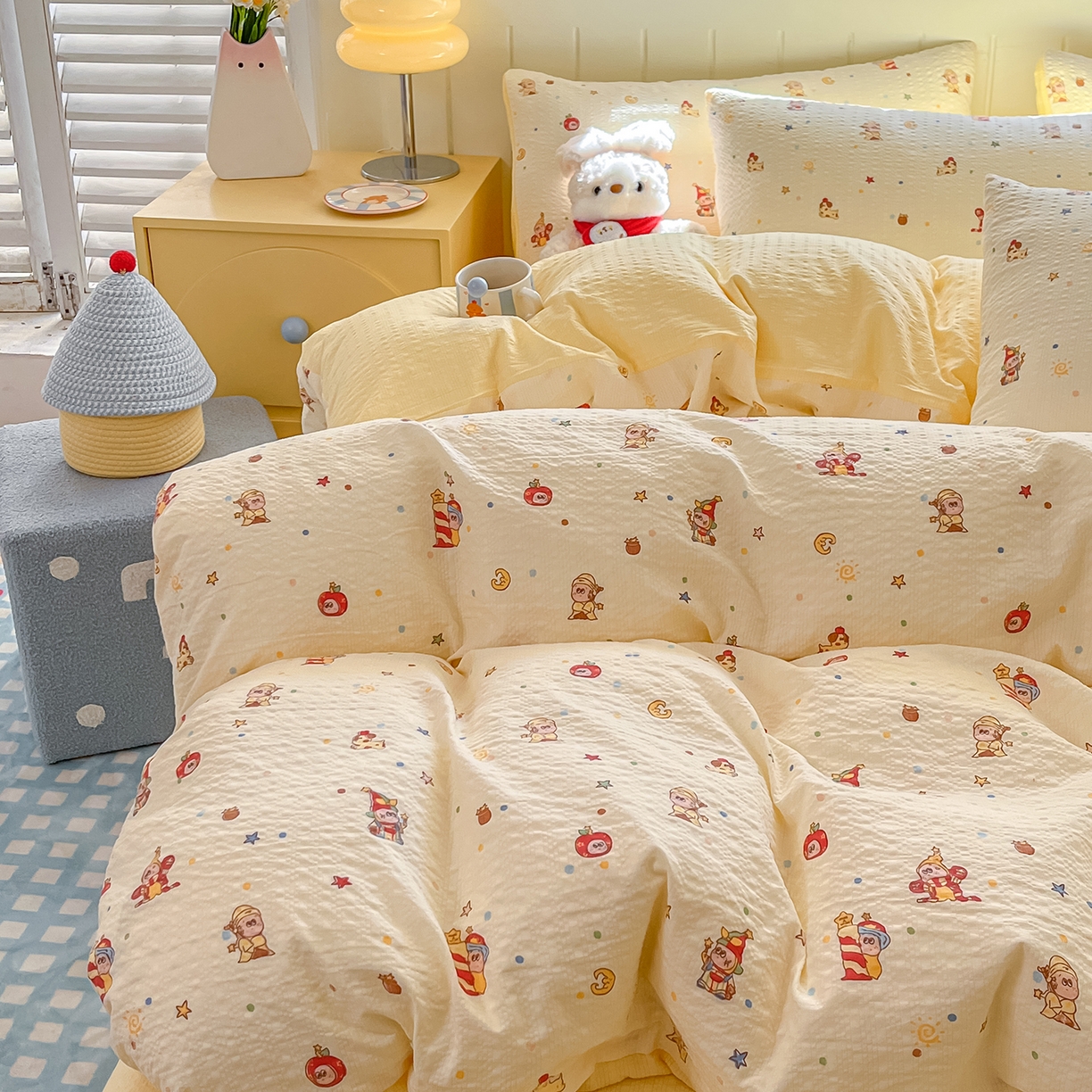 91家纺网 家纺一手货源 找家纺 金梦拉家纺 2026新款A类高品质高克重超柔泡芙纱泡泡纱小清新四件套 顽皮星星