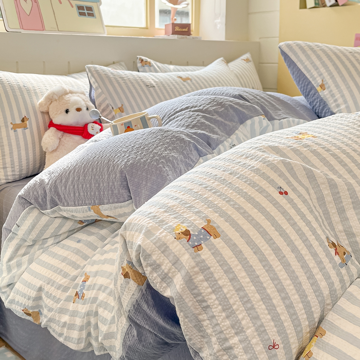 金梦拉家纺 2026新款A类高品质高克重超柔泡芙纱泡泡纱小清新四件套 线条汪