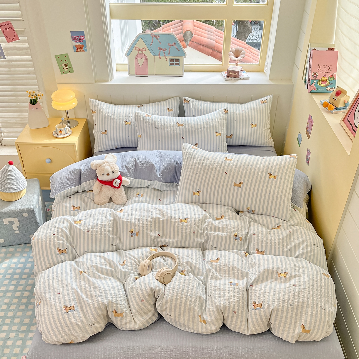 91家纺网 家纺一手货源 找家纺 金梦拉家纺 2026新款A类高品质高克重超柔泡芙纱泡泡纱小清新四件套 线条汪