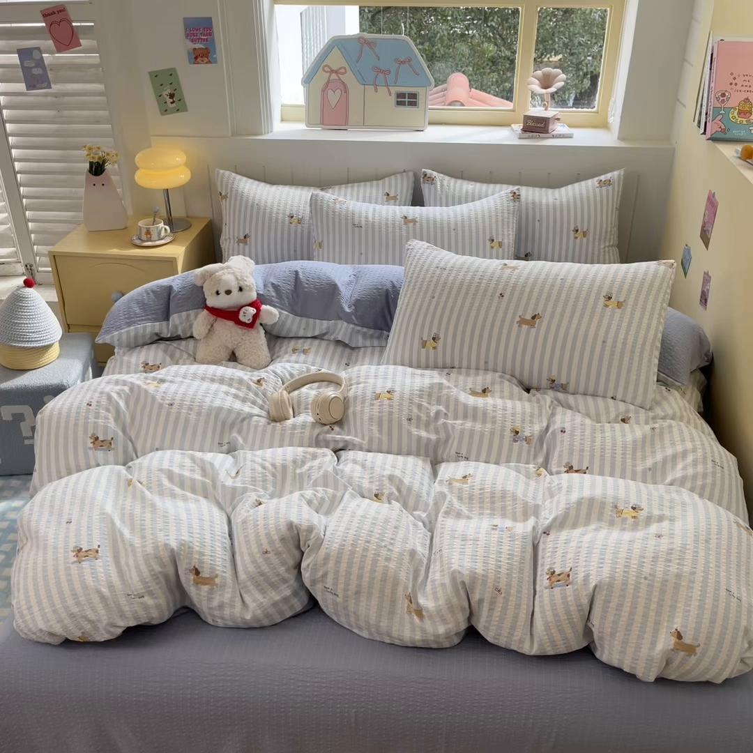 91家纺网 家纺一手货源 找家纺 金梦拉家纺 2026新款A类高品质高克重超柔泡芙纱泡泡纱小清新四件套 线条汪