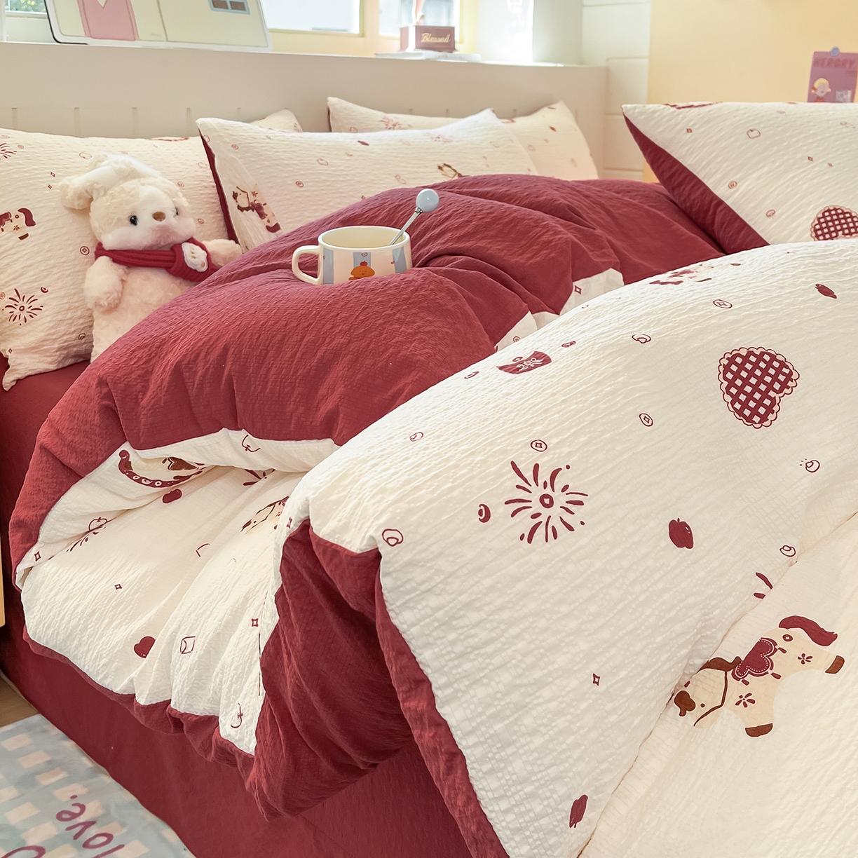 金梦拉家纺 2026新款A类高品质高克重超柔泡芙纱泡泡纱小清新四件套 小福马