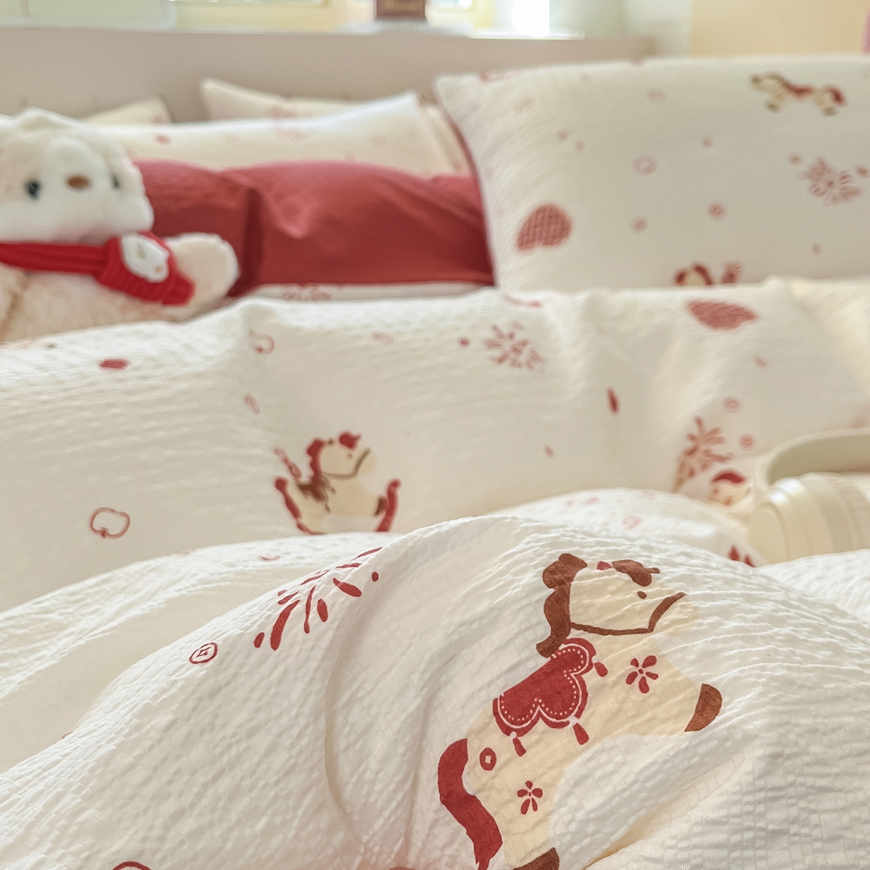 91家纺网 家纺一手货源 找家纺 金梦拉家纺 2026新款A类高品质高克重超柔泡芙纱泡泡纱小清新四件套 小福马