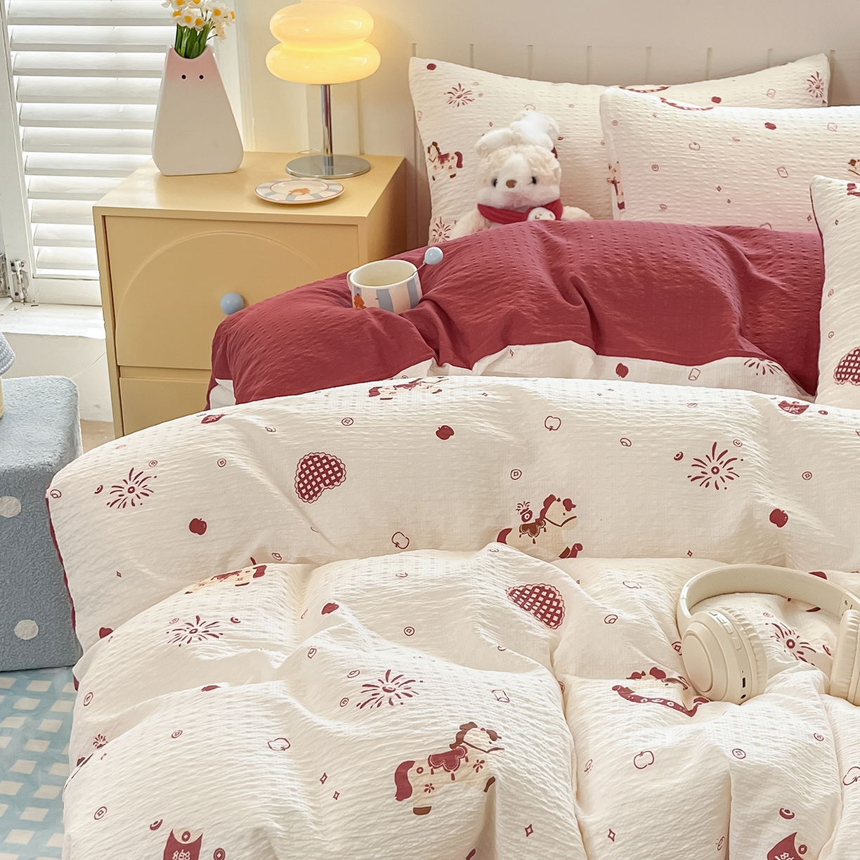 91家纺网 家纺一手货源 找家纺 金梦拉家纺 2026新款A类高品质高克重超柔泡芙纱泡泡纱小清新四件套 小福马