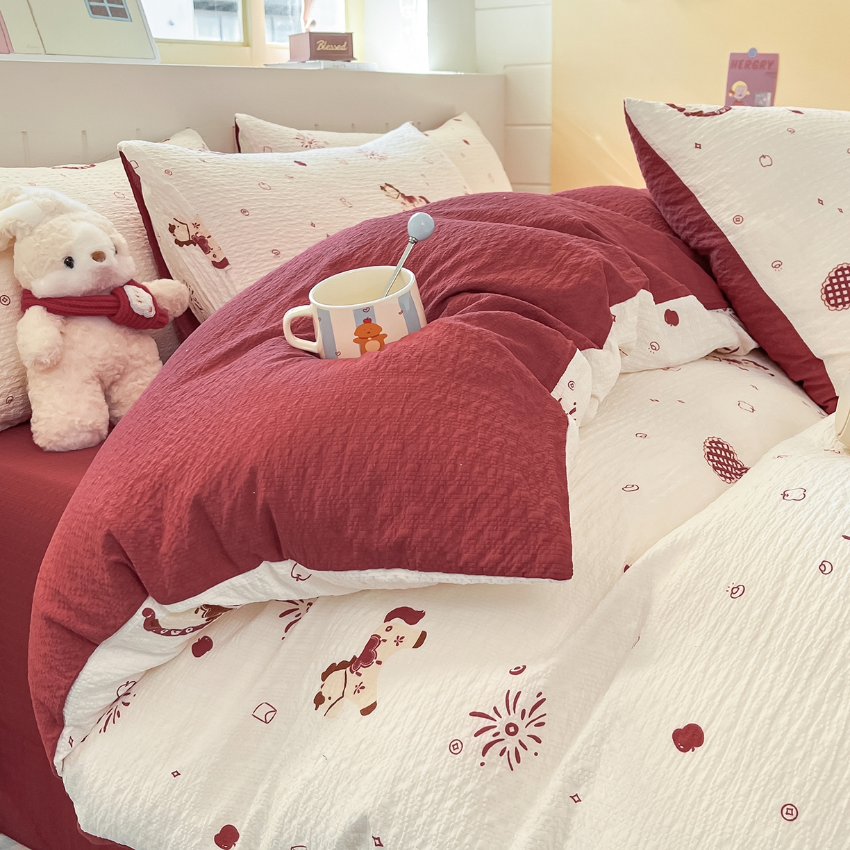 91家纺网 家纺一手货源 找家纺 金梦拉家纺 2026新款A类高品质高克重超柔泡芙纱泡泡纱小清新四件套 小福马