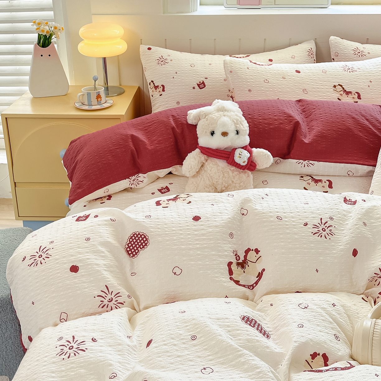 91家纺网 家纺一手货源 找家纺 金梦拉家纺 2026新款A类高品质高克重超柔泡芙纱泡泡纱小清新四件套 小福马