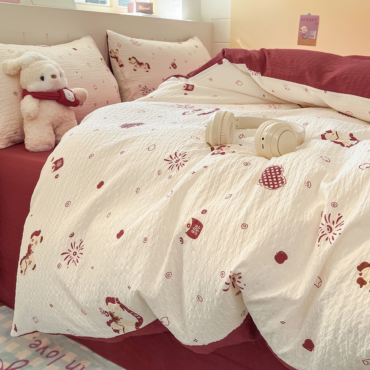 91家纺网 家纺一手货源 找家纺 金梦拉家纺 2026新款A类高品质高克重超柔泡芙纱泡泡纱小清新四件套 小福马