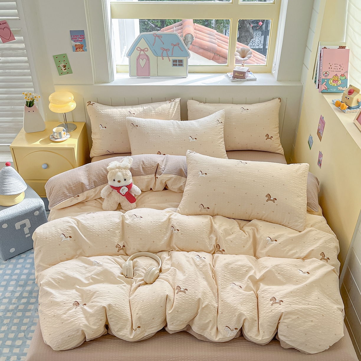 91家纺网 家纺一手货源 找家纺 金梦拉家纺 2026新款A类高品质高克重超柔泡芙纱泡泡纱小清新四件套 小马哒哒