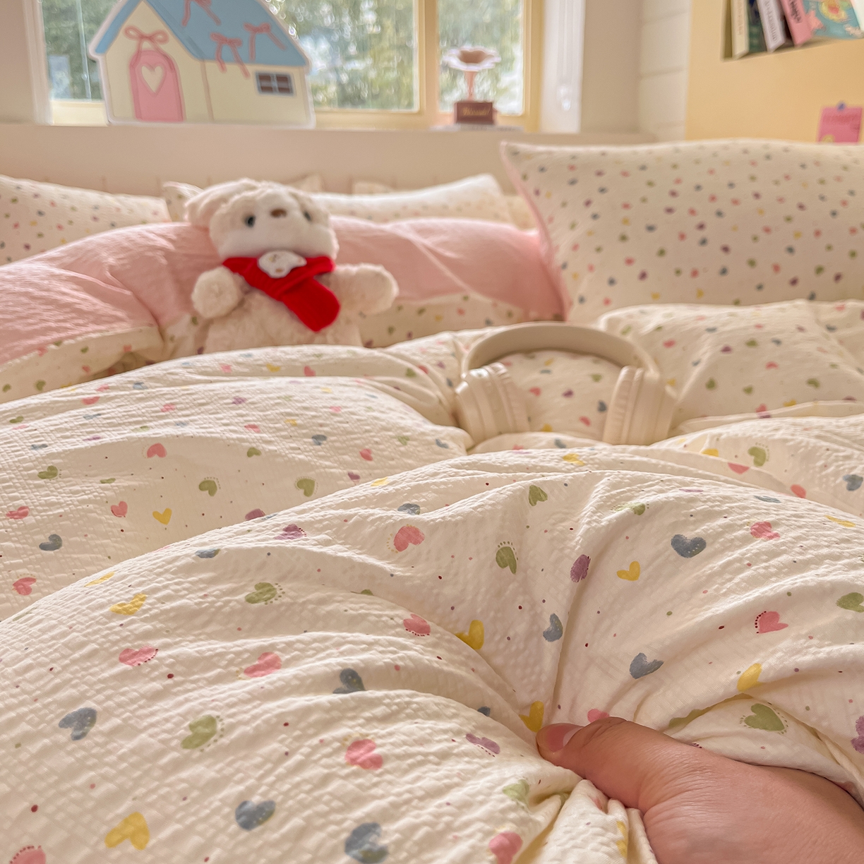 91家纺网 家纺一手货源 找家纺 金梦拉家纺 2026新款A类高品质高克重超柔泡芙纱泡泡纱小清新四件套 心爱