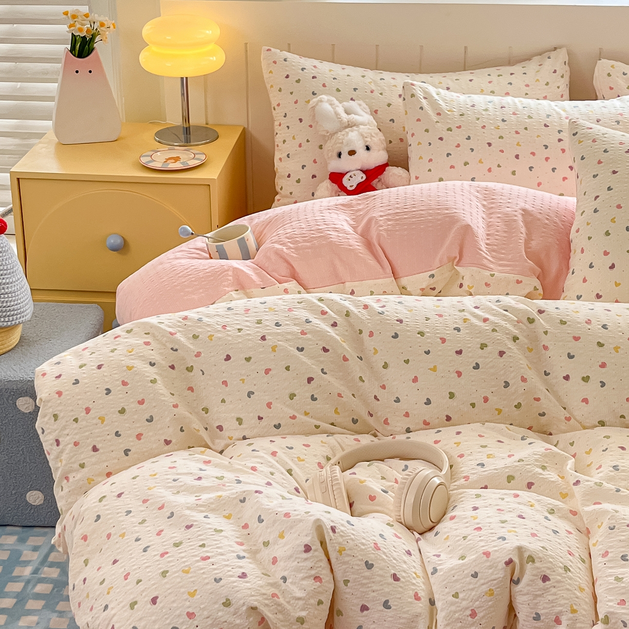 91家纺网 家纺一手货源 找家纺 金梦拉家纺 2026新款A类高品质高克重超柔泡芙纱泡泡纱小清新四件套 心爱