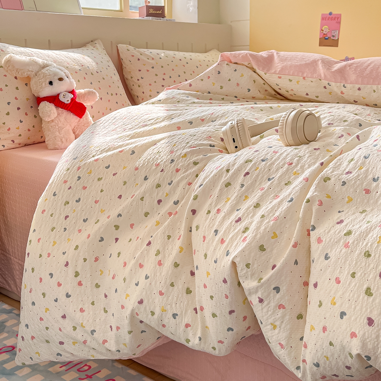 91家纺网 家纺一手货源 找家纺 金梦拉家纺 2026新款A类高品质高克重超柔泡芙纱泡泡纱小清新四件套 心爱