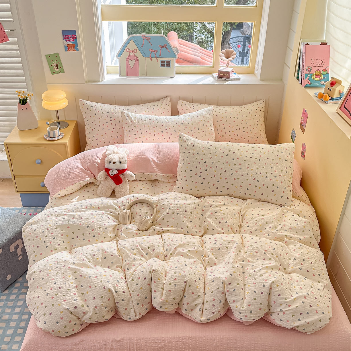 91家纺网 家纺一手货源 找家纺 金梦拉家纺 2026新款A类高品质高克重超柔泡芙纱泡泡纱小清新四件套 心爱