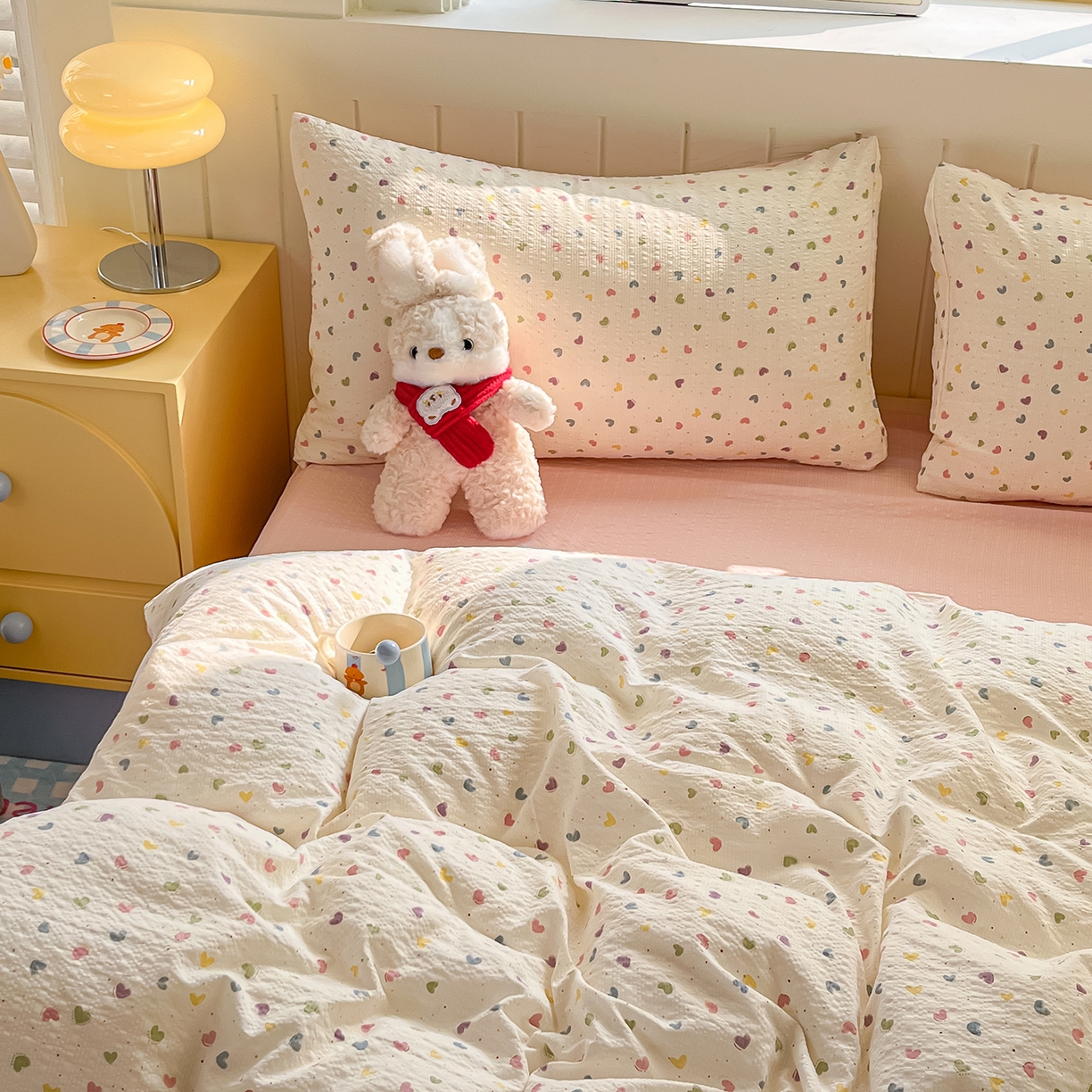 91家纺网 家纺一手货源 找家纺 金梦拉家纺 2026新款A类高品质高克重超柔泡芙纱泡泡纱小清新四件套 心爱