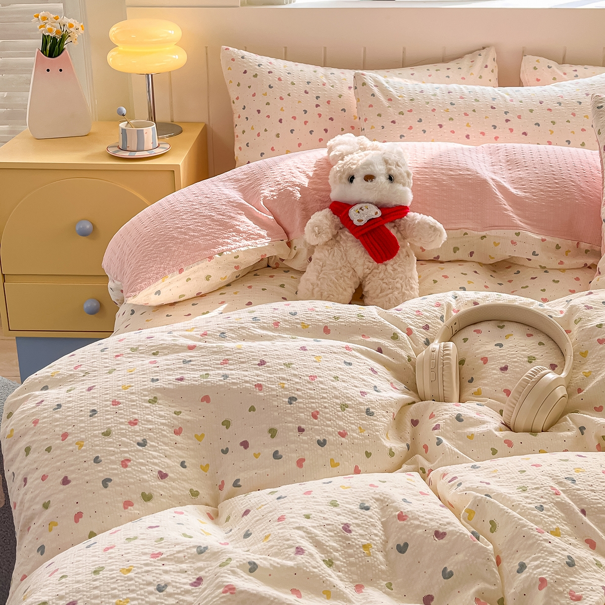 91家纺网 家纺一手货源 找家纺 金梦拉家纺 2026新款A类高品质高克重超柔泡芙纱泡泡纱小清新四件套 心爱