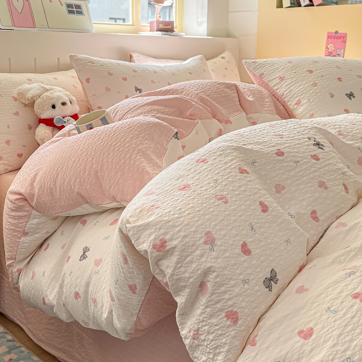 金梦拉家纺 2026新款A类高品质高克重超柔泡芙纱泡泡纱小清新四件套 心动