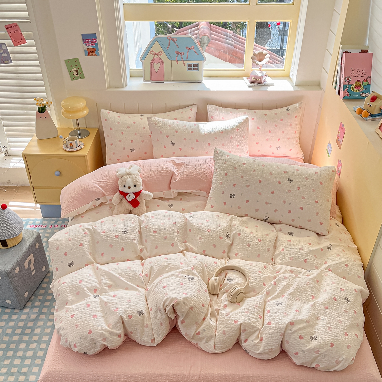 91家纺网 家纺一手货源 找家纺 金梦拉家纺 2026新款A类高品质高克重超柔泡芙纱泡泡纱小清新四件套 心动