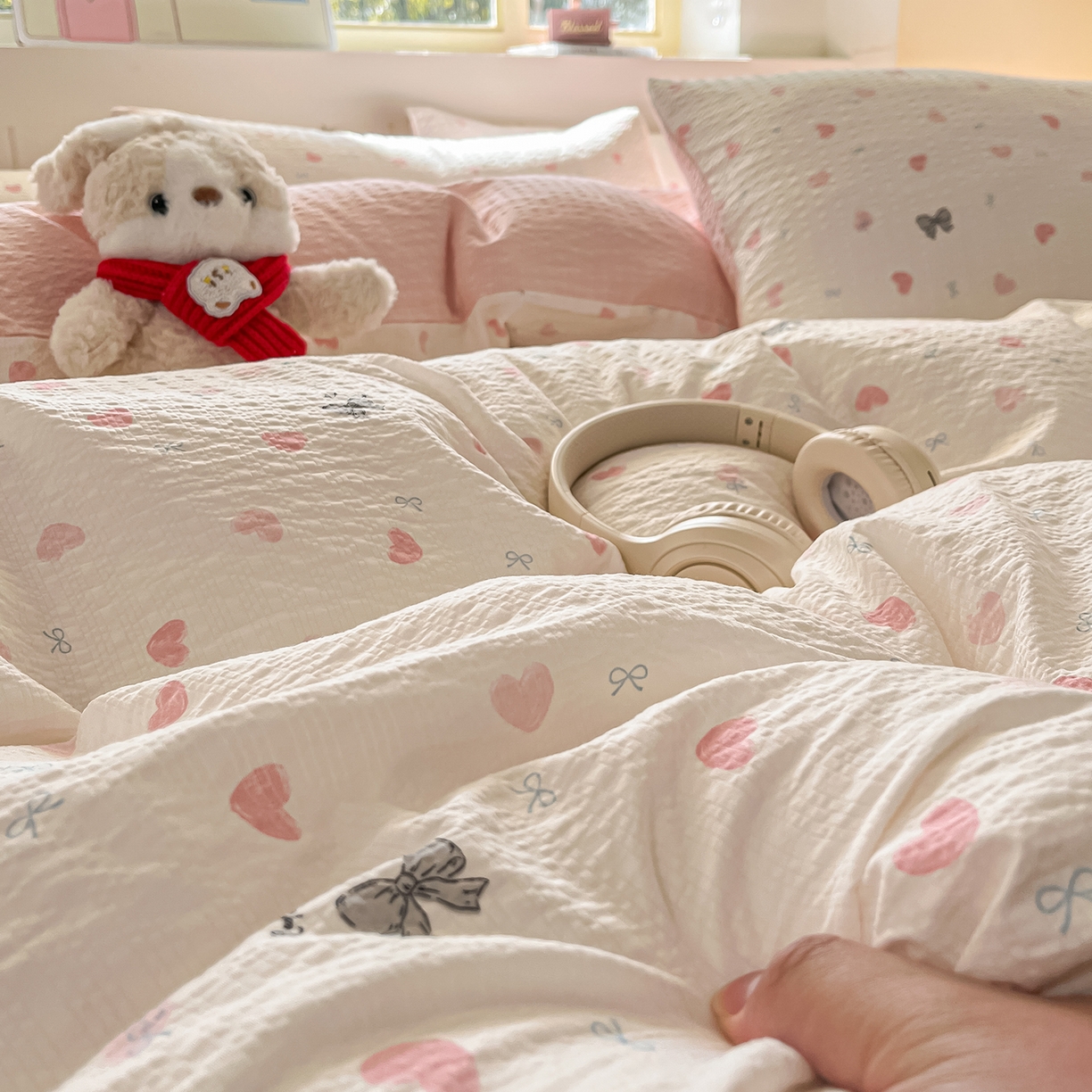 91家纺网 家纺一手货源 找家纺 金梦拉家纺 2026新款A类高品质高克重超柔泡芙纱泡泡纱小清新四件套 心动