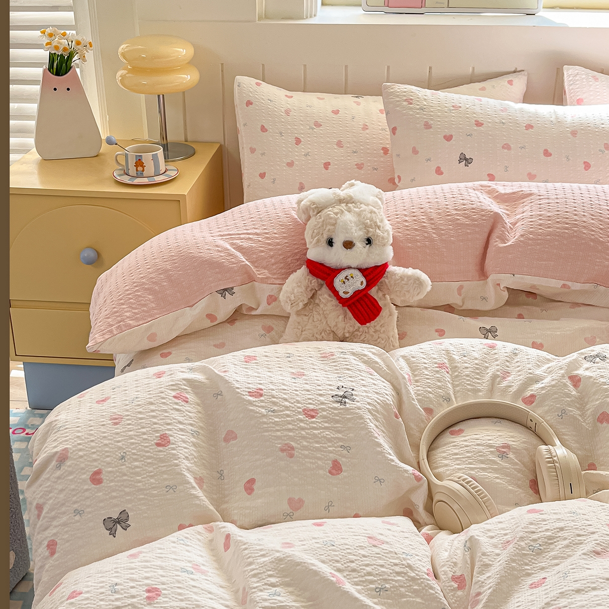 91家纺网 家纺一手货源 找家纺 金梦拉家纺 2026新款A类高品质高克重超柔泡芙纱泡泡纱小清新四件套 心动