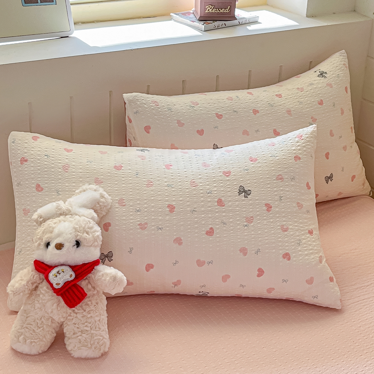 91家纺网 家纺一手货源 找家纺 金梦拉家纺 2026新款A类高品质高克重超柔泡芙纱泡泡纱小清新四件套 心动