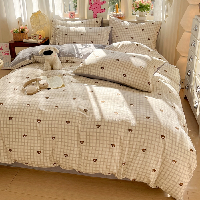 91家纺网 家纺一手货源 找家纺 水木坊 2026春夏新款云感双层纱可爱系列四件套格子熊