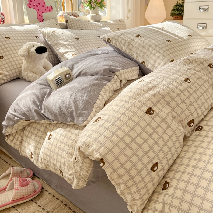 91家纺网 家纺一手货源 找家纺 水木坊 2026春夏新款云感双层纱可爱系列四件套格子熊