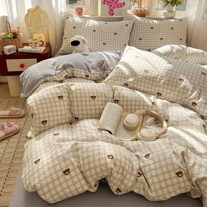 91家纺网 家纺一手货源 找家纺 水木坊 2026春夏新款云感双层纱可爱系列四件套格子熊