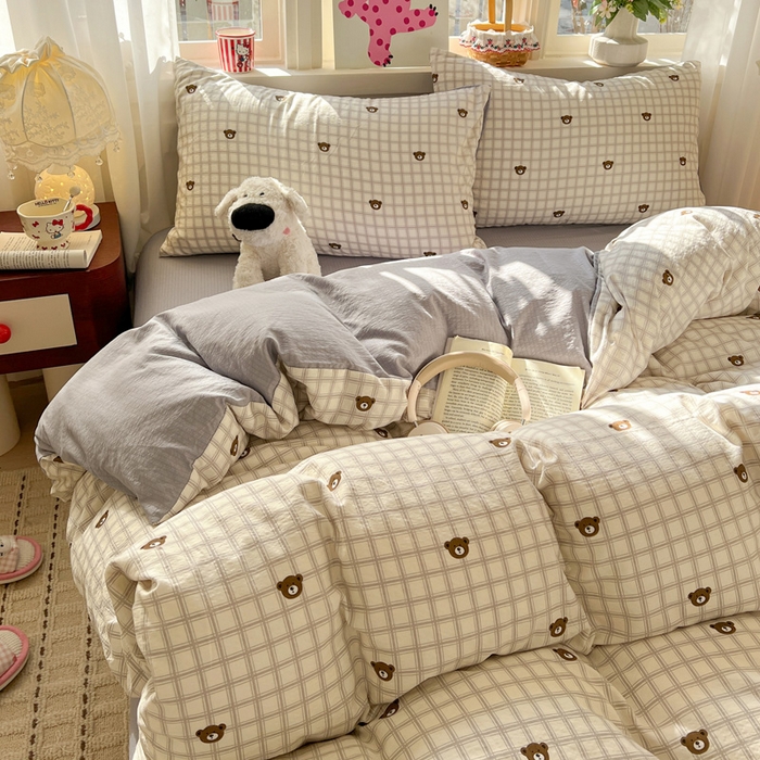 91家纺网 家纺一手货源 找家纺 水木坊 2026春夏新款云感双层纱可爱系列四件套格子熊