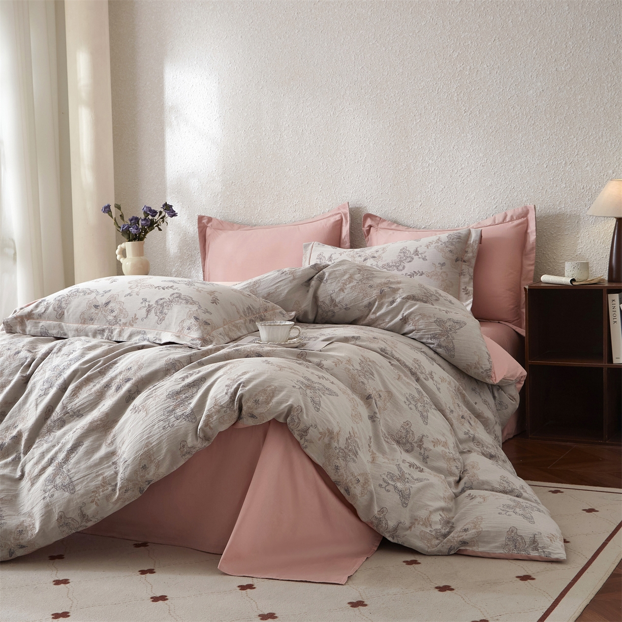 91家纺网 家纺一手货源 找家纺 曼秀琳家纺 2026新款全棉纯棉色织大提花四件套 柏林少女-肉粉