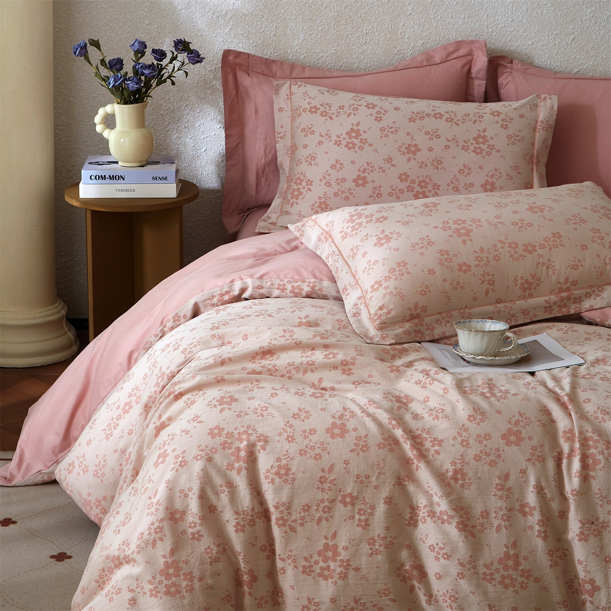 91家纺网 家纺一手货源 找家纺 曼秀琳家纺 2026新款全棉纯棉色织大提花四件套 花之梦-粉