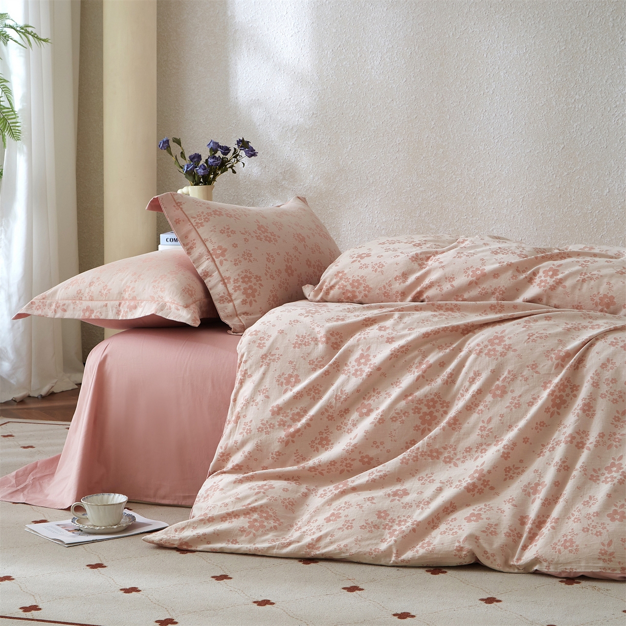 91家纺网 家纺一手货源 找家纺 曼秀琳家纺 2026新款全棉纯棉色织大提花四件套 花之梦-粉