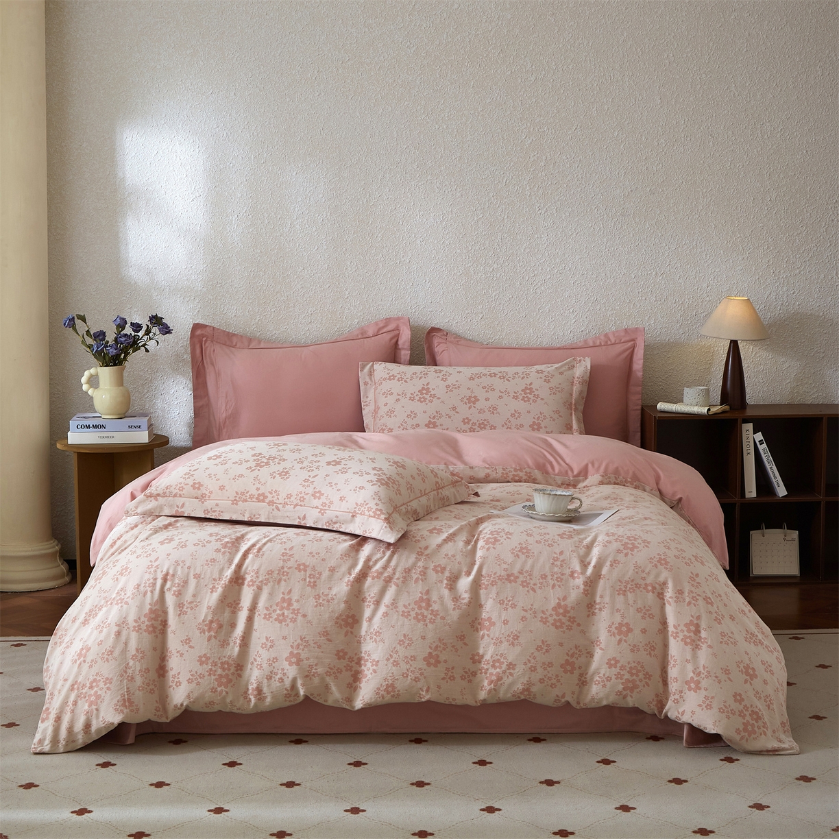 91家纺网 家纺一手货源 找家纺 曼秀琳家纺 2026新款全棉纯棉色织大提花四件套 花之梦-粉