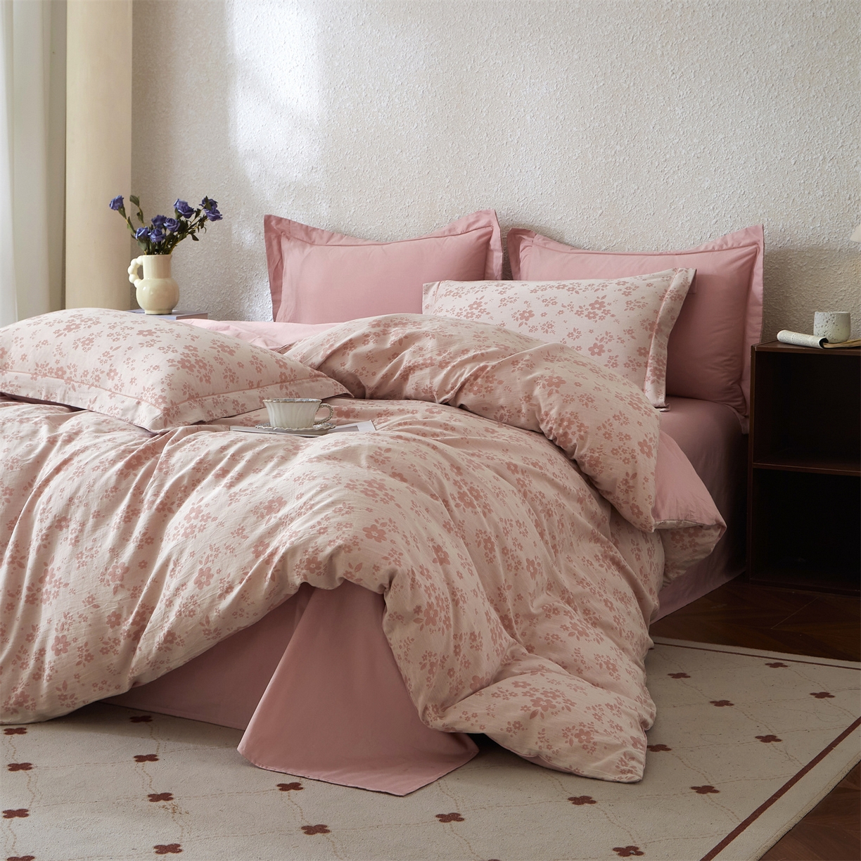 91家纺网 家纺一手货源 找家纺 曼秀琳家纺 2026新款全棉纯棉色织大提花四件套 花之梦-粉